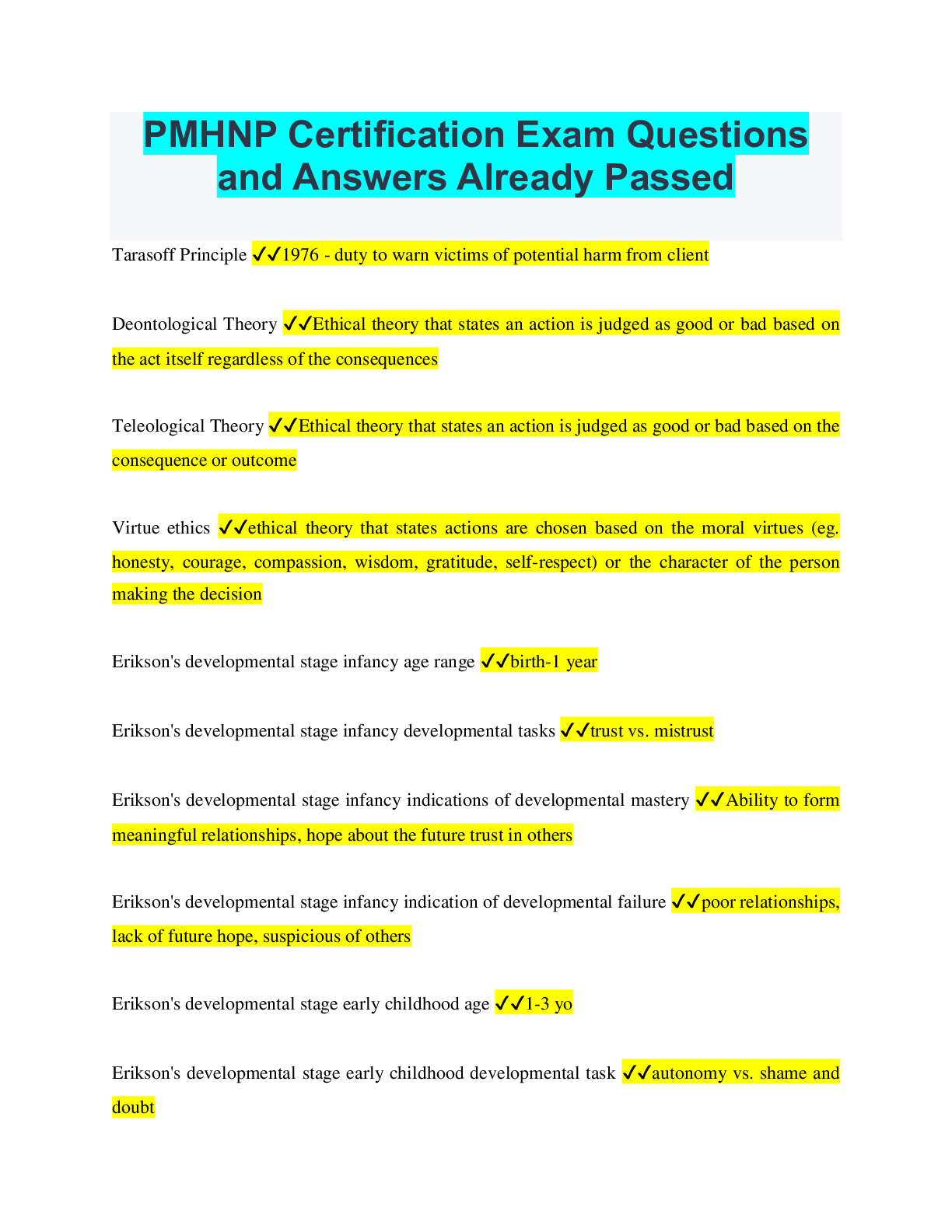 PMHNP Certification Exam Questions and Answers Already Passed